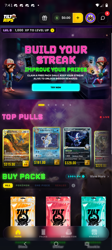 Tilt Rips App — Free Daily Packs and PSA 10 Slabs